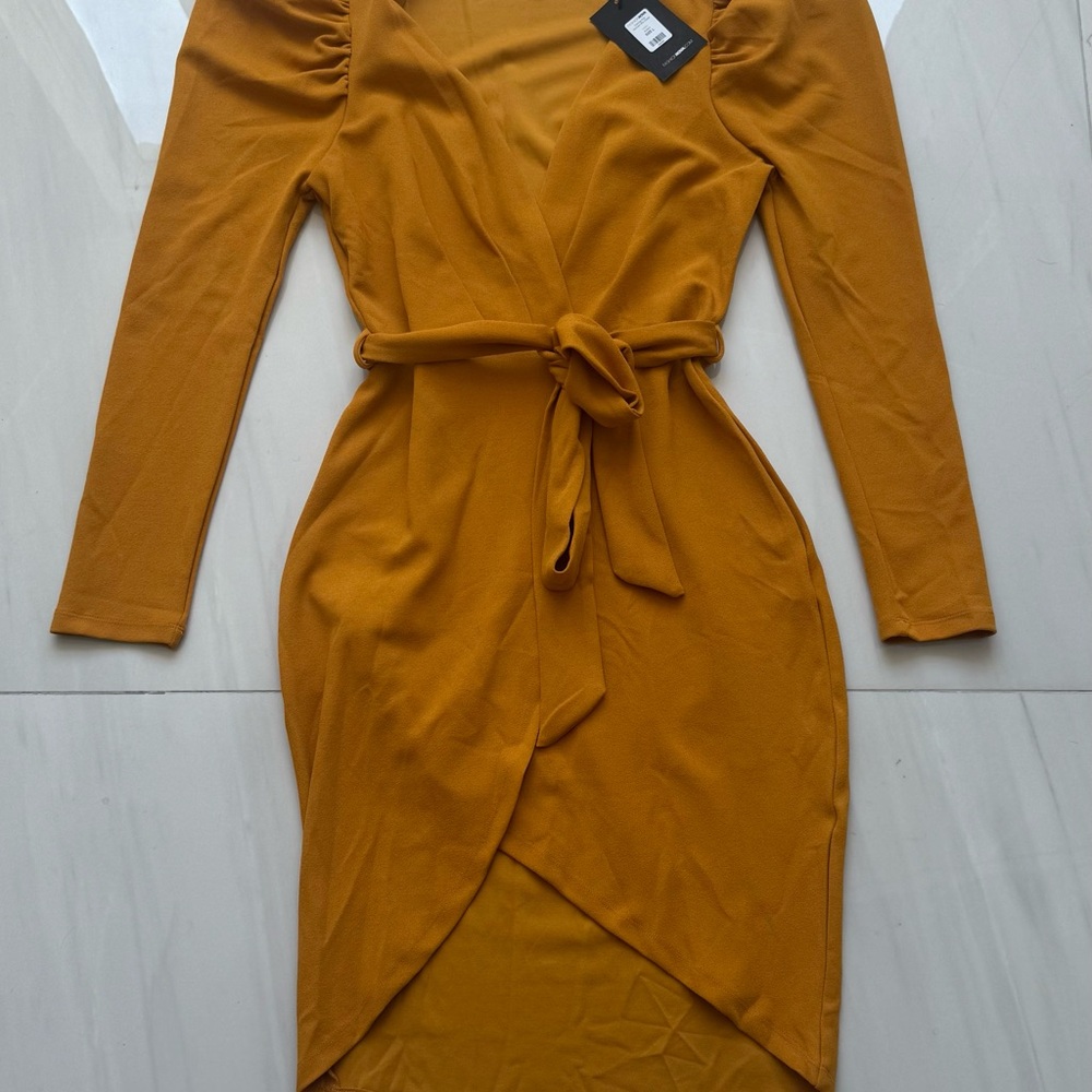 Fashion Nova Golden Long Sleeve Wrap Dress